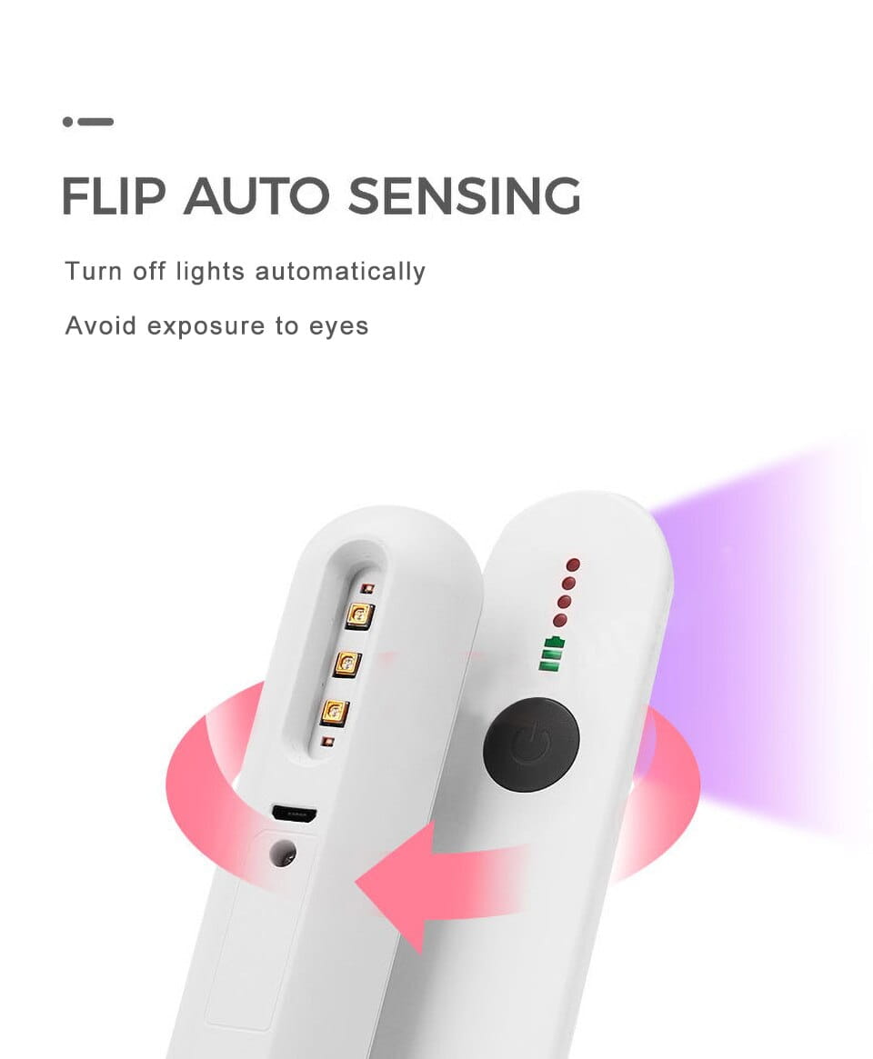white handheld royale essence lux uv sanitizer stick with sleek ergonomic design and gold-colored circuitry featuring auto-sensing indicator lights