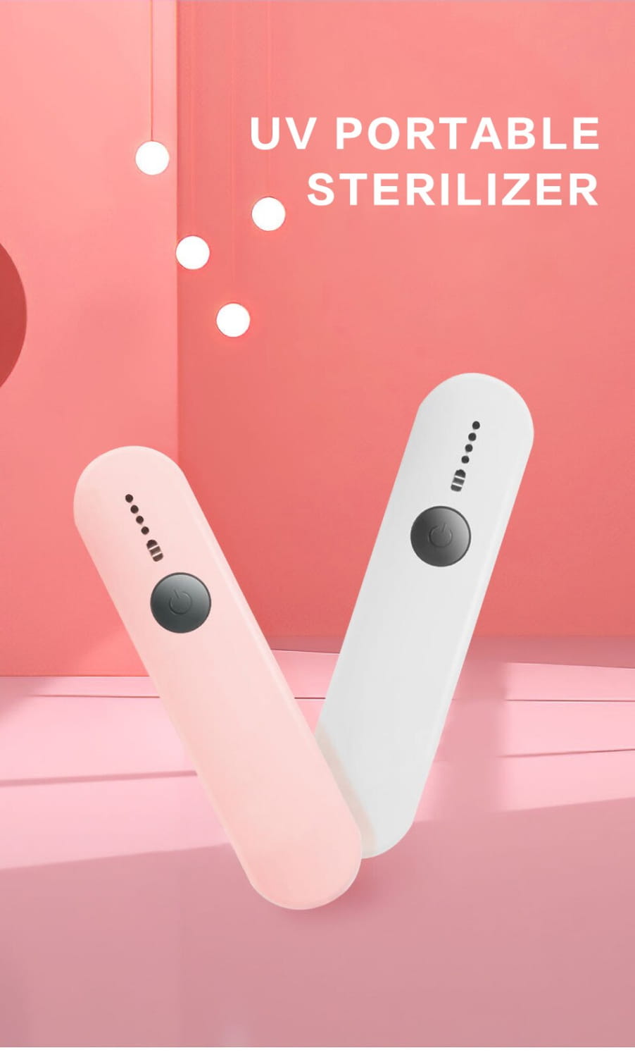 Two sleek portable uv sterilizers in pastel pink and white with minimalist design for the royale essence lux uv sanitizer stick.