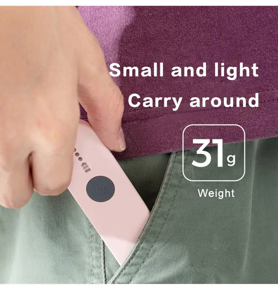 Pink rectangular portable charger with matte finish and black circular button from the Royale Essence Lux UV sanitizer stick collection.