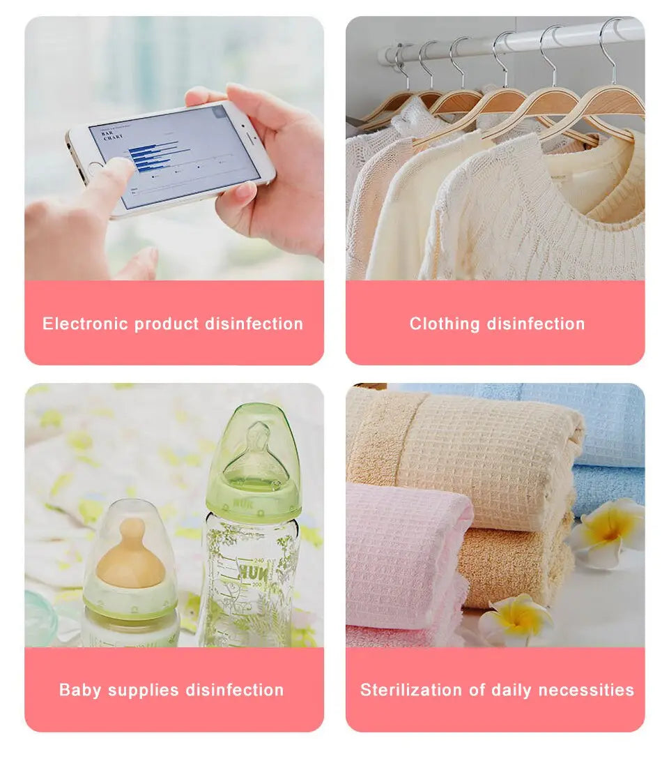 Clear glass baby bottle with a light green cap and beige nipple featuring the nuk brand logo displayed alongside the royale essence lux uv sanitizer stick.