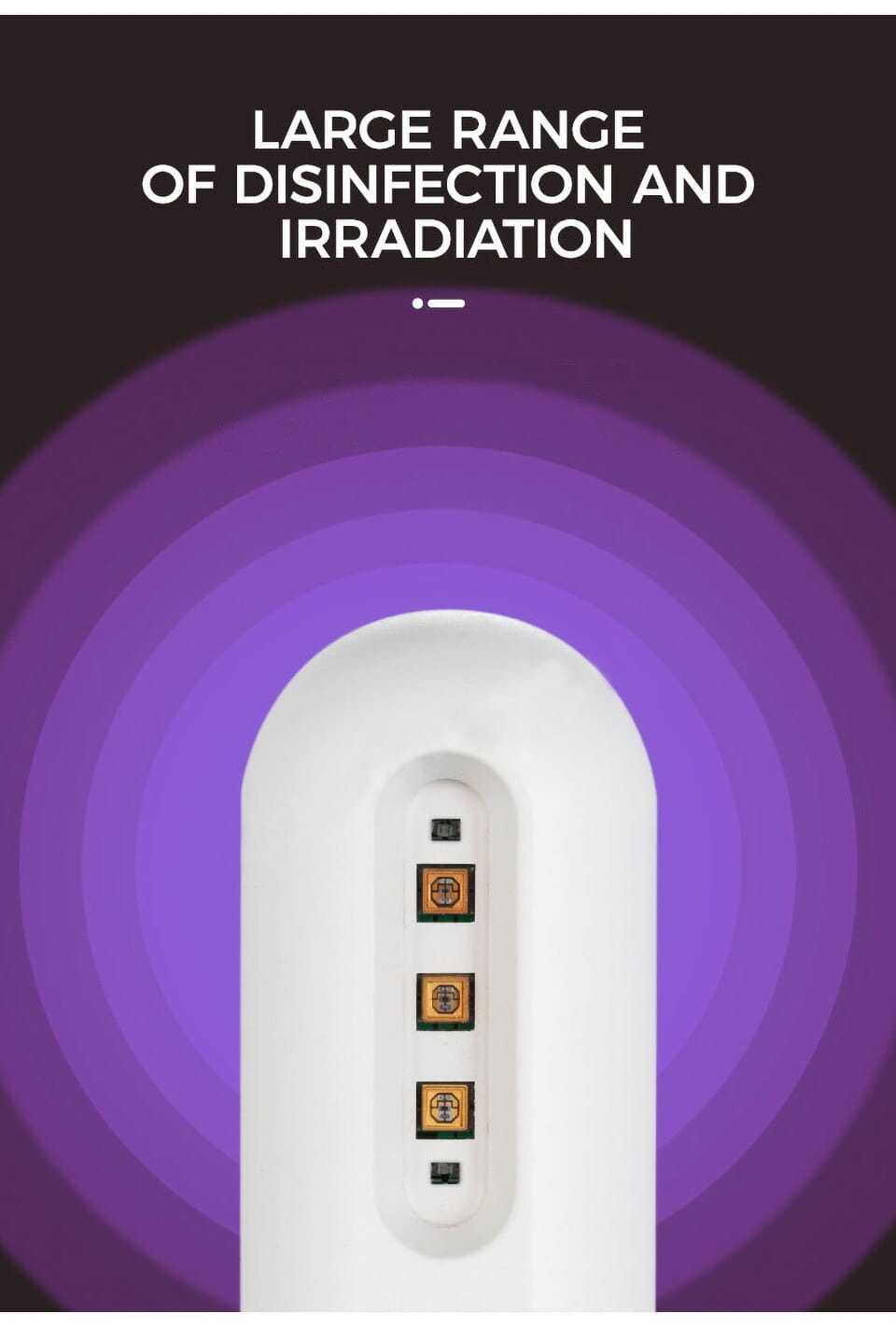 White handheld disinfection and irradiation device with three gold-accented control buttons in the royale essence lux uv sanitizer stick provides effective ultraviolet sanitization.