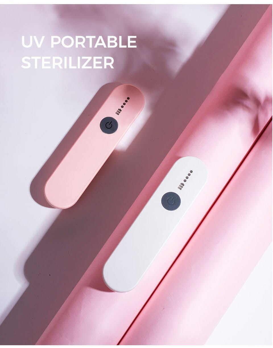 Two sleek, portable Royale Essence Lux UV sanitizer sticks in soft pink and white with minimalist design and power buttons for effective sterilization.