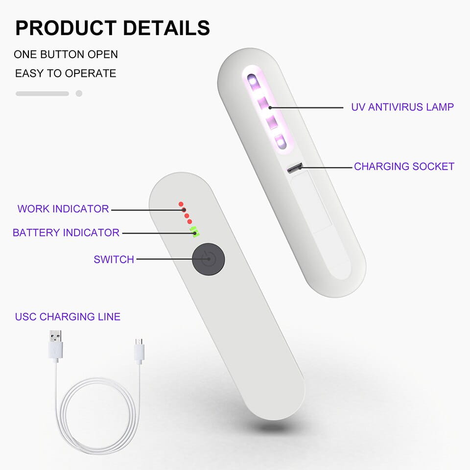 White handheld uv antiviral lamp with a sleek ergonomic design and integrated charging socket from the royale essence lux uv sanitizer stick collection.
