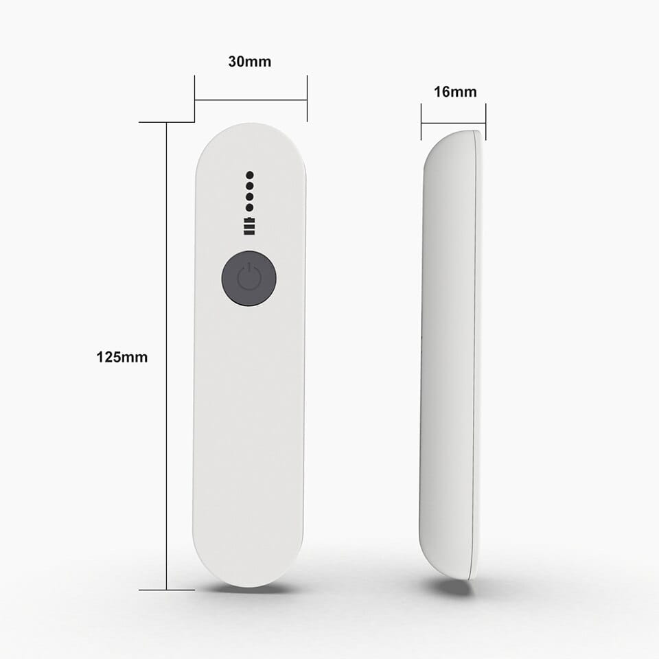 a white sleek rectangular portable charger with a matte finish and minimalist design featuring five indicator lights above a circular power button for the royale essence lux uv sanitizer stick