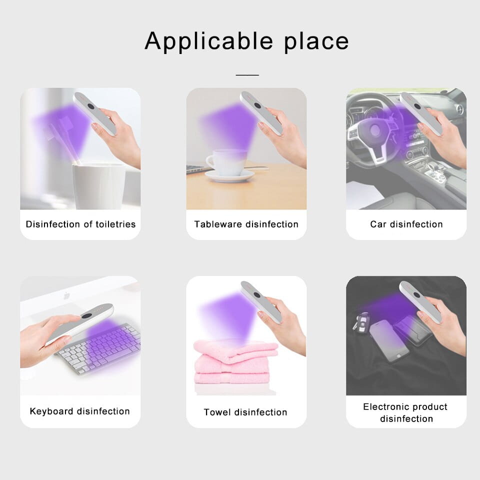 silver handheld uv disinfection device emitting purple light royal essence lux uv sanitizer stick designed for effective sterilization