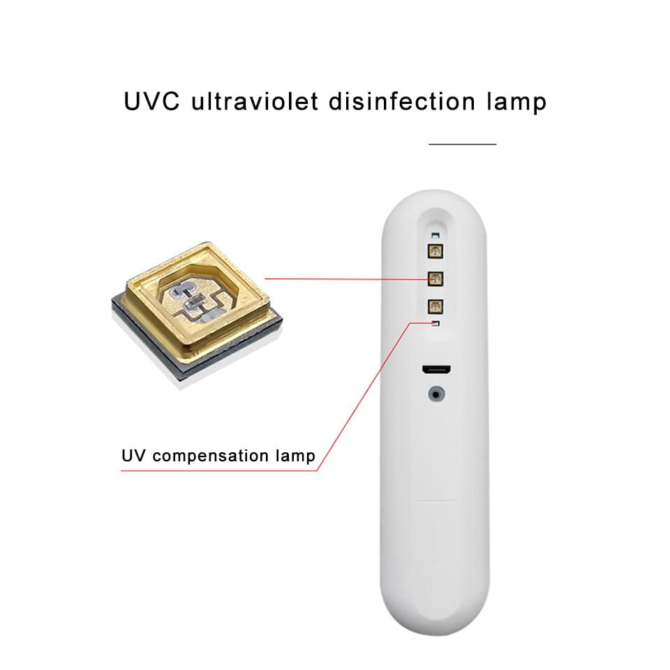 White uvc ultraviolet disinfection lamp with a sleek ergonomic design and attached uv compensation lamp for the Royale Essence Lux uv sanitizer stick