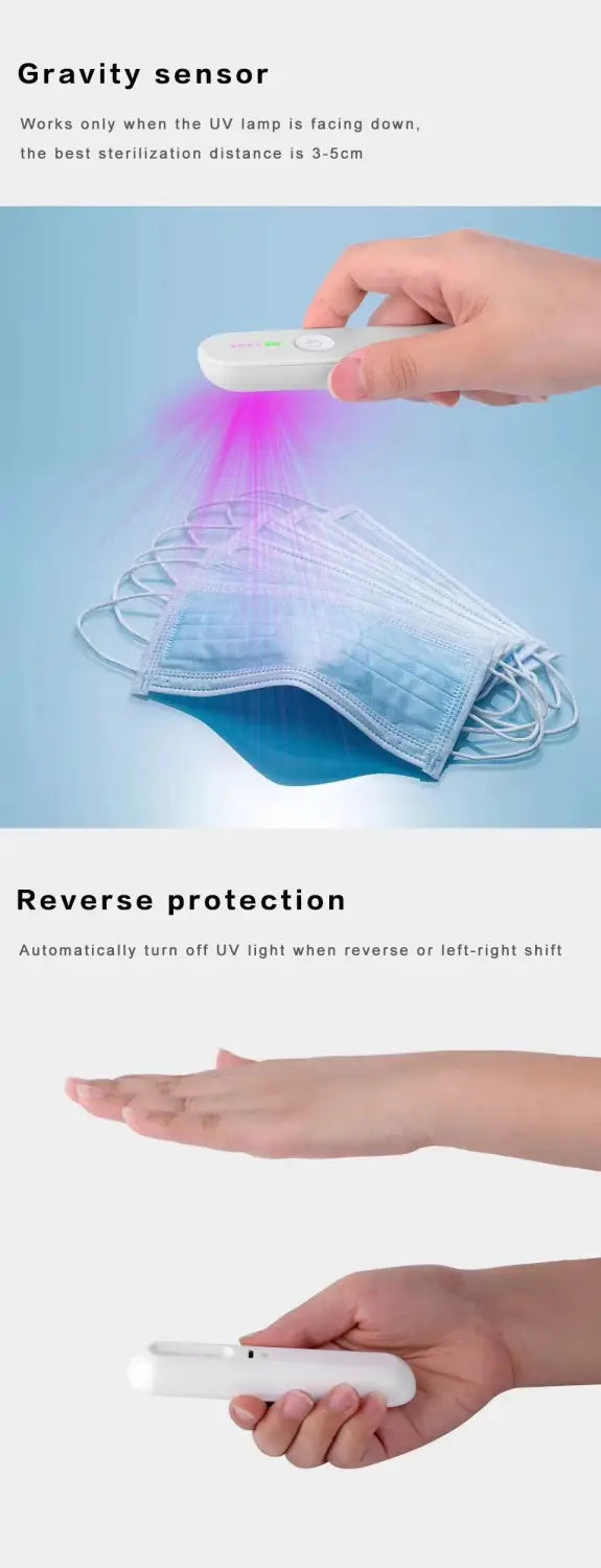 white handheld uv sterilizer stick with purple light emitting from the end royale essence lux uv sanitizer stick