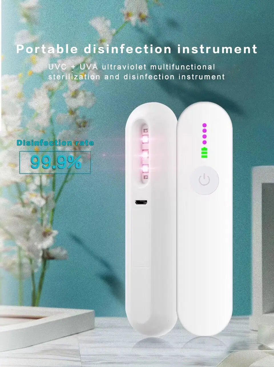 white plastic portable uvc and uva sterilization device with led indicator lights and power button from royale essence lux uv sanitizer stick