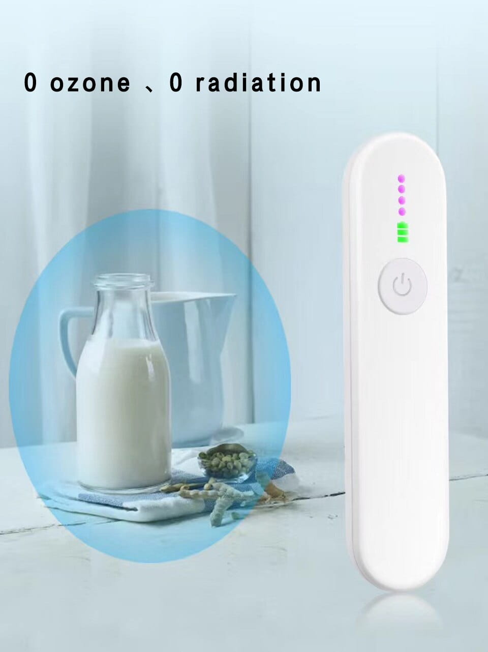 White handheld royale essence lux uv sanitizer stick featuring pink and green led indicators above the power button