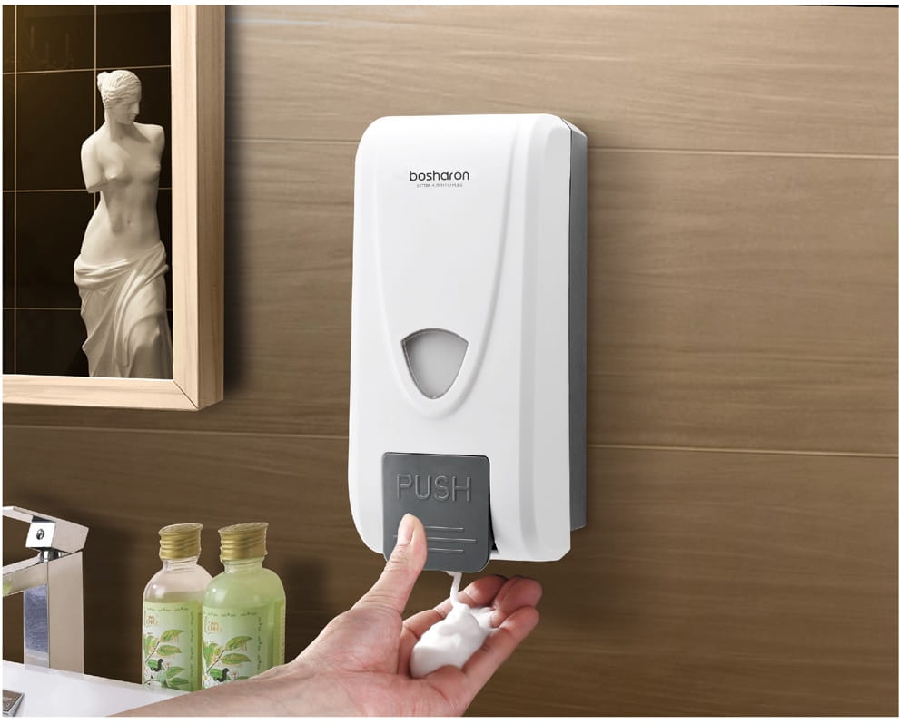 white bosharon wall mounted foam soap dispenser with gray push button and sleek modern design for efficient foam soap dispensing