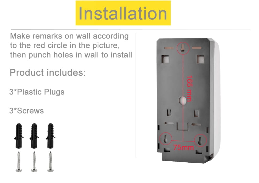 gray rectangular wall-mounted bracket with pre-drilled holes and slots measuring 165mm by 75mm for secure installation of a modern foam soap dispenser