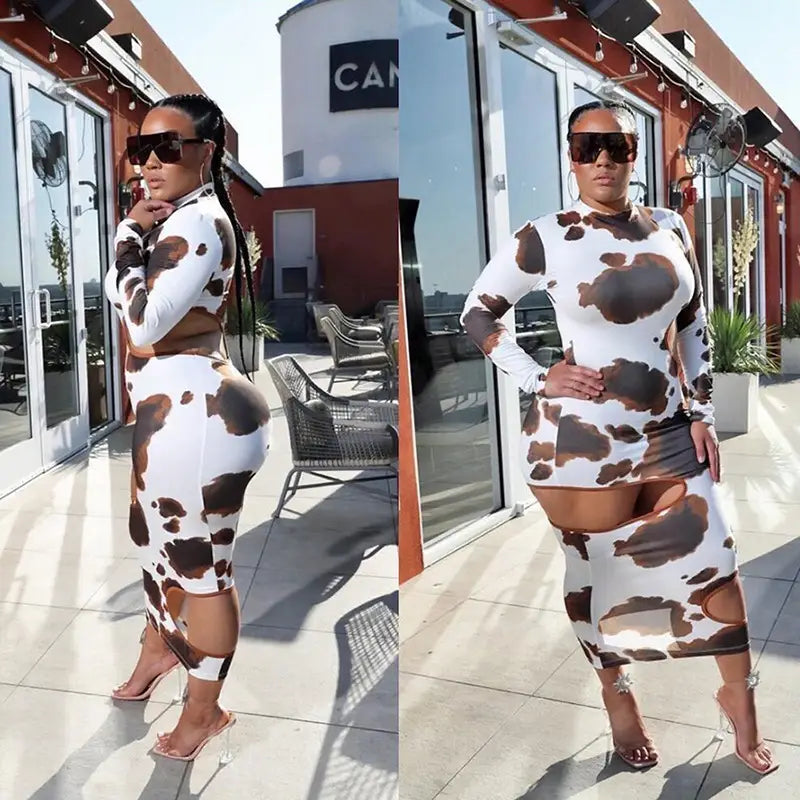white and brown cow print women irregular hole maxi dress featuring long sleeves and weird puss hollow cut-out details