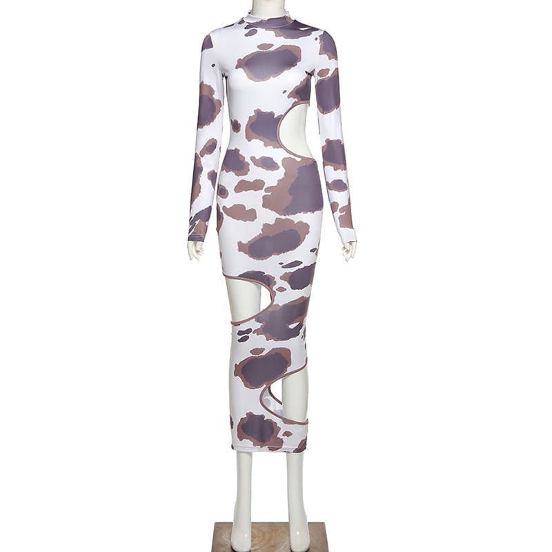 a form-fitting long-sleeved women irregular hole midi dress in white and purple cow print featuring cut-out details for a stylish irregular hole maxi look