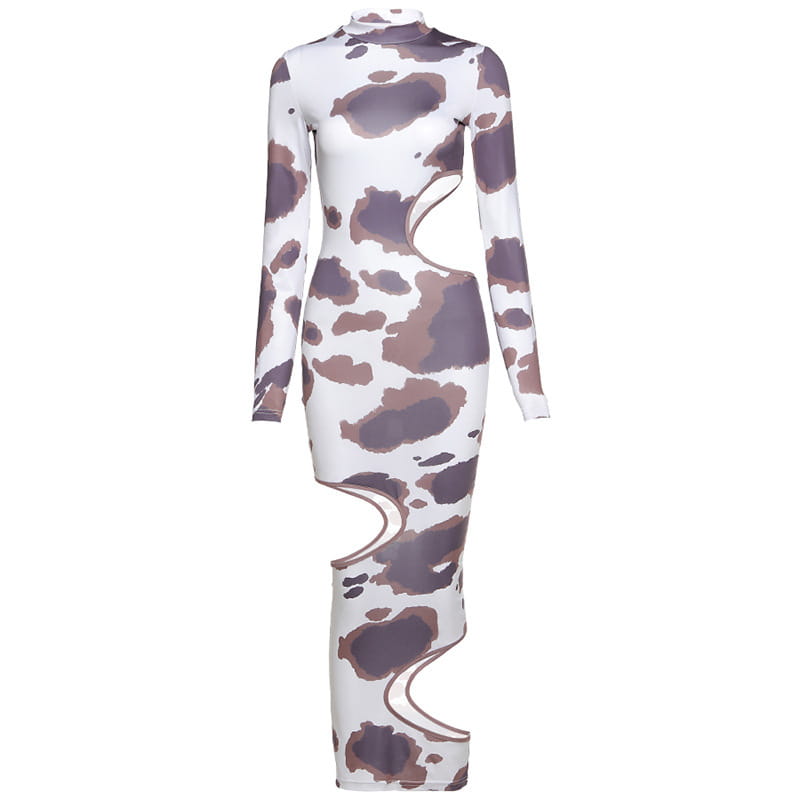 A form-fitting long-sleeved women irregular hole maxi dress in white with a brownish-purple cow print pattern featuring distinctive weird puss hollow cut-out details along the sides.