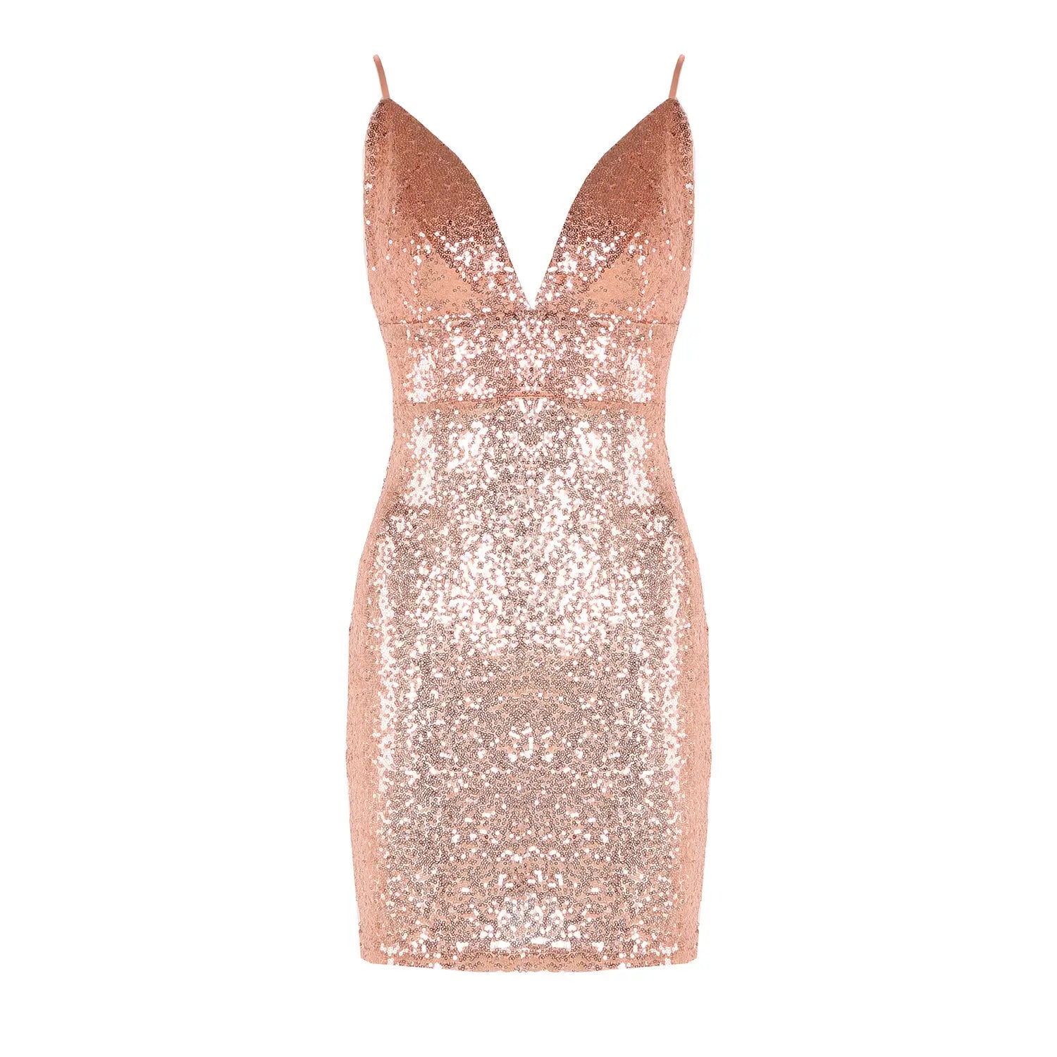 A shimmering rose gold sequin dress with a deep v-neckline and thin spaghetti straps designed as a strap sequin dress.