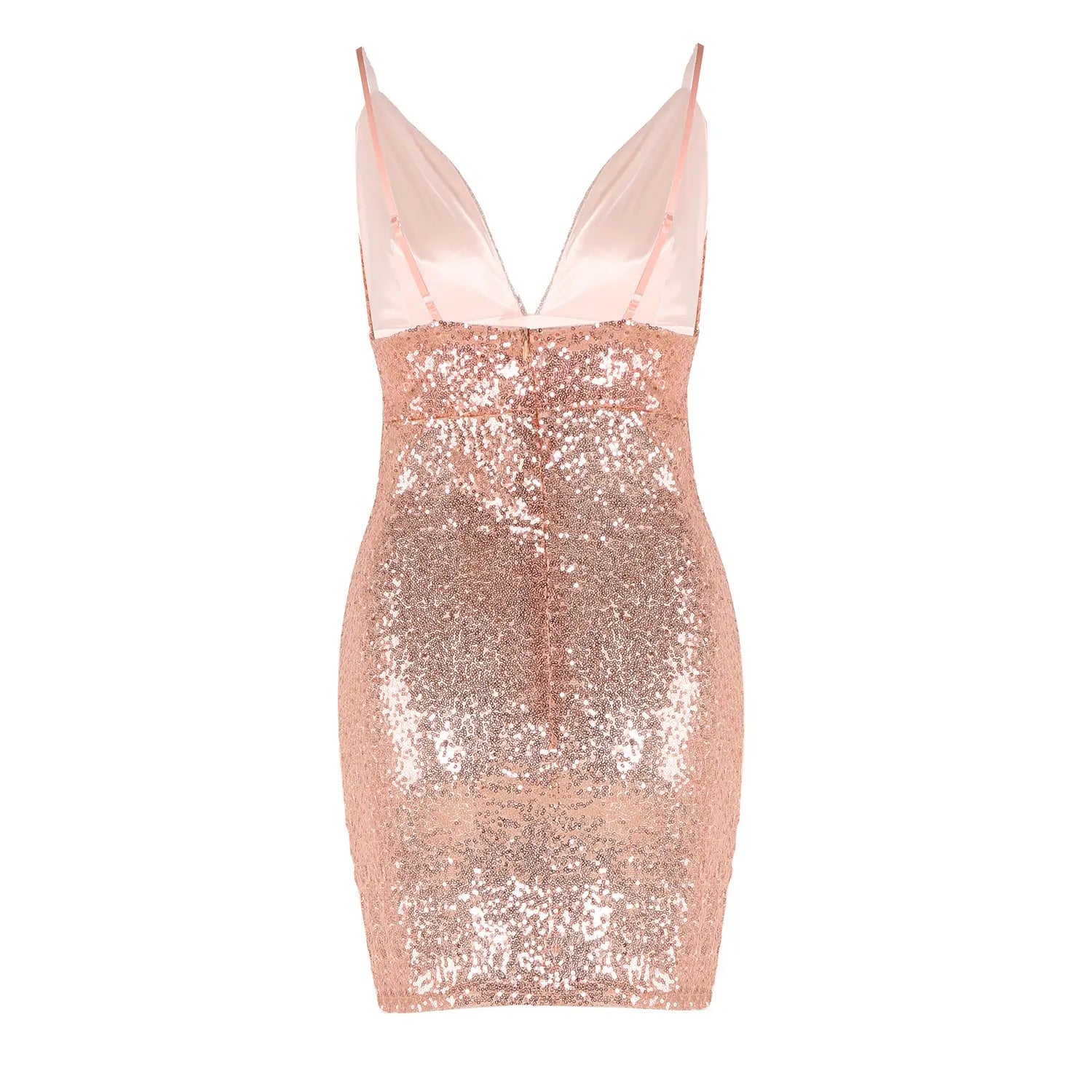 A shimmering rose gold strap sequin dress featuring a deep v neckline and delicate spaghetti straps.