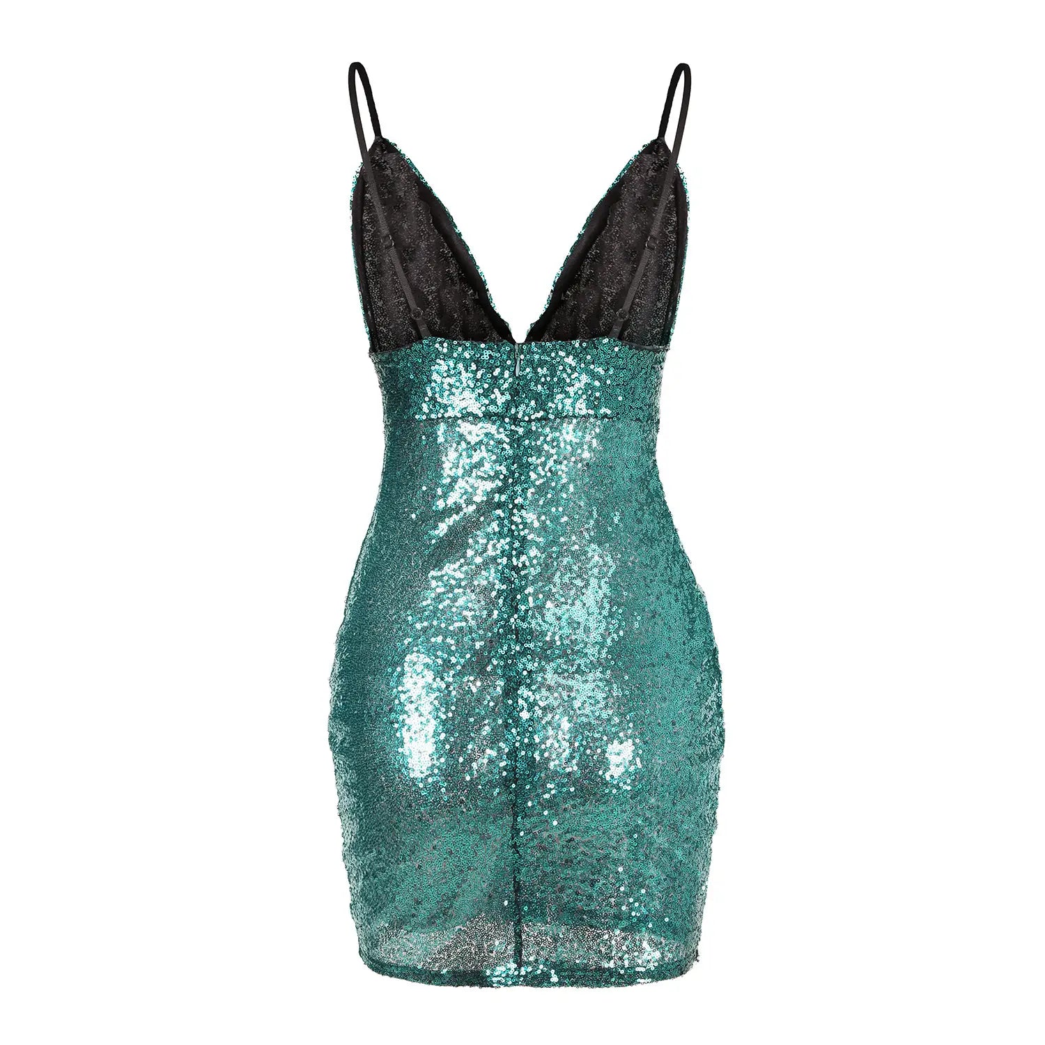 Rose gold v neck strap sequin dress featuring a teal sequined bodycon design with black lace straps and a plunging neckline.