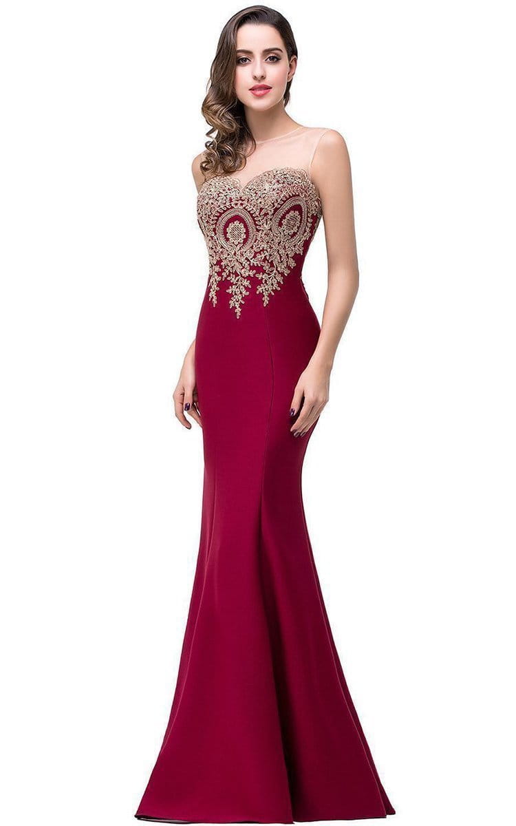 a deep red strapless mermaid-style bride toast gown with intricate gold beading and embroidery on the bodice designed with a font-style normal text-decoration and general vertical-align middle for elegant wear
