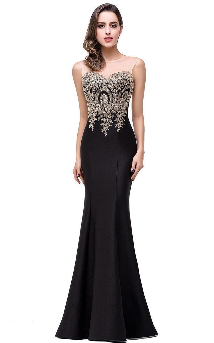 black mermaid-style bride toast gown featuring intricate gold beading along the sweetheart neckline with font-style normal text-decoration and general vertical-align middle design elements