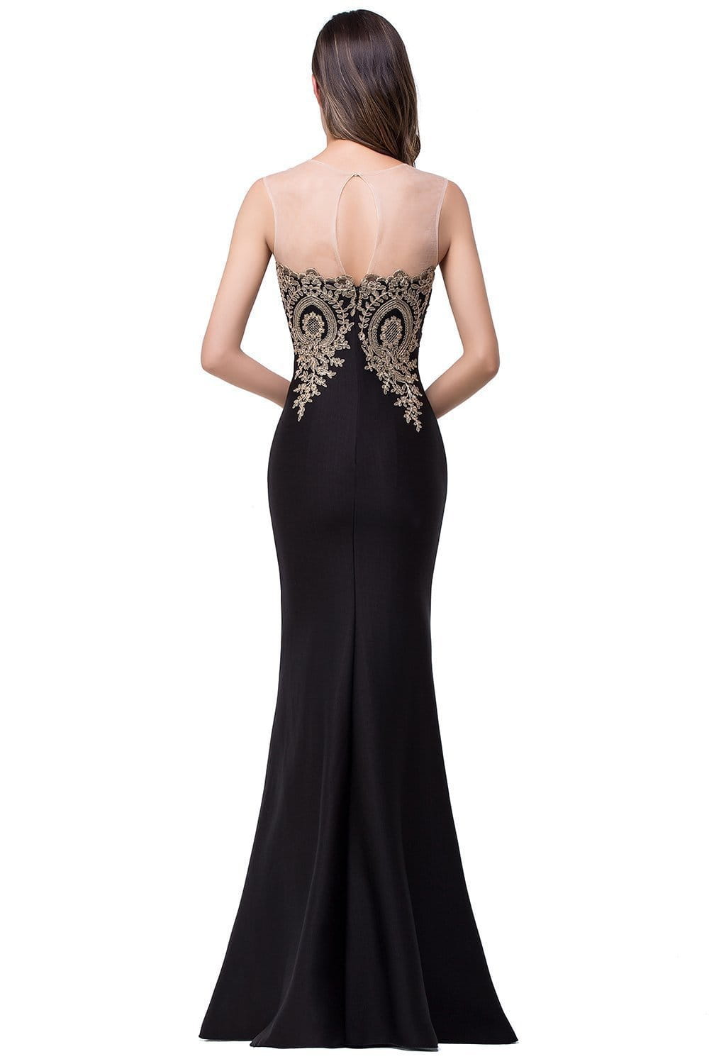 black satin mermaid gown with intricate gold lace detailing along the back from the red mermaid bride toast gown with gold beading collection featuring font-style normal text-decoration and general vertical-align middle.