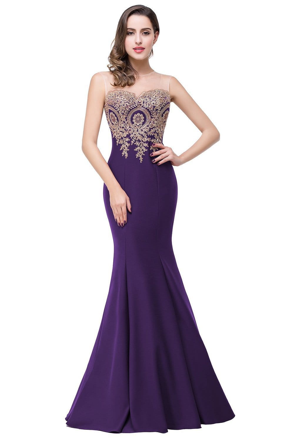 A deep purple mermaid-style evening gown with intricate gold beading along the sweetheart neckline and bodice suitable for a red mermaid bride toast gown with gold beading featuring font-style normal text-decoration and general vertical-align middle.