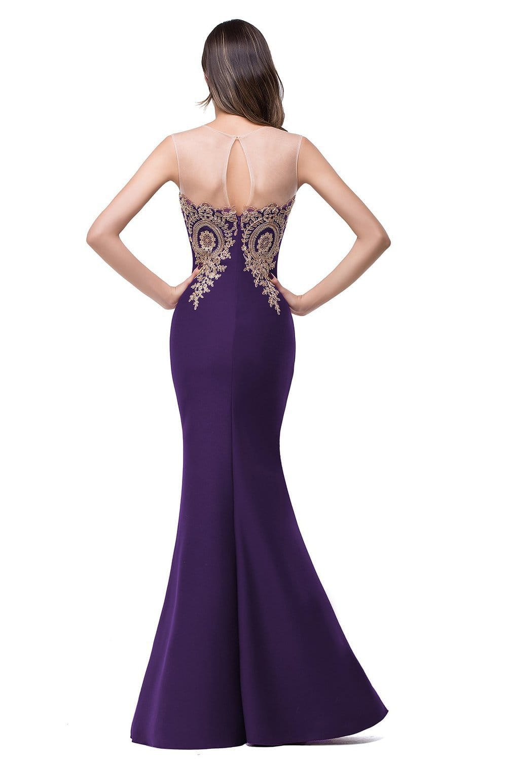 a deep purple red mermaid bride toast gown with intricate gold lace detailing along the back and a sheer mesh panel at the neckline designed with font-style normal text-decoration and general vertical-align middle features