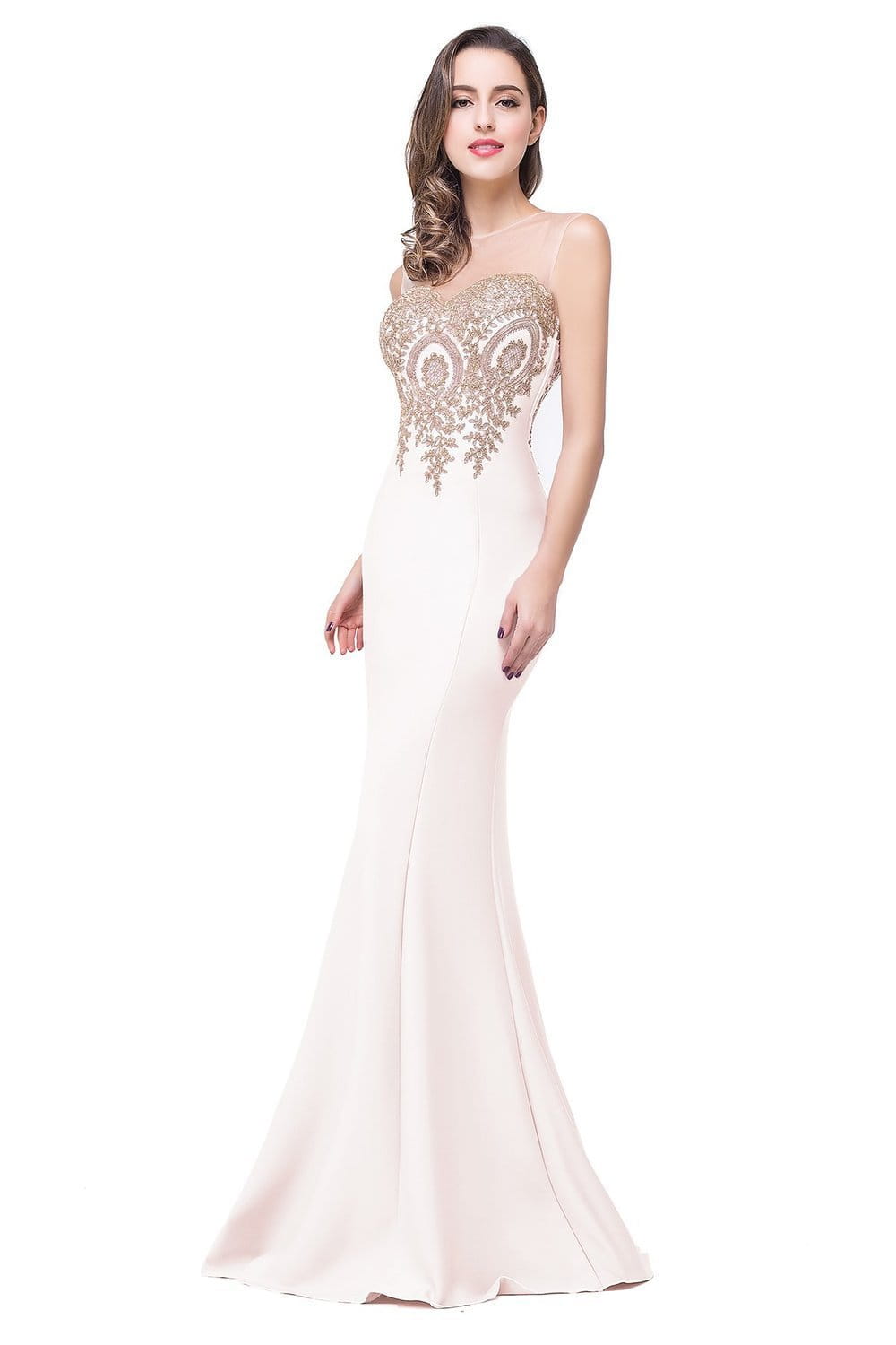 A sleek off-white red mermaid bride toast gown with a fitted bodice adorned in intricate gold beading and delicate shoulder straps designed with font-style normal text-decoration and general vertical-align middle features.