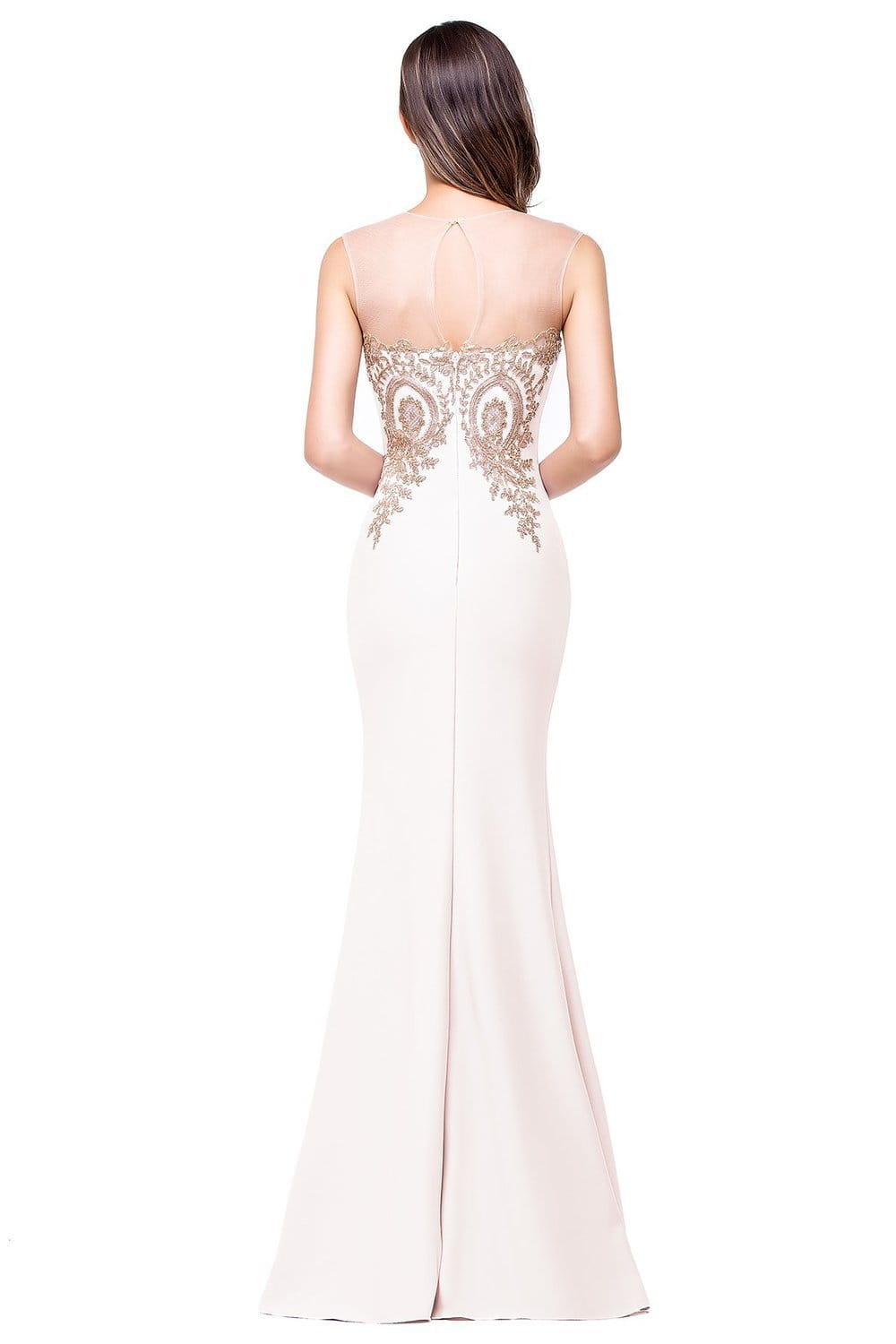off-white mermaid style toast gown with intricate gold beaded embroidery along the back featuring font-style normal text-decoration and general vertical-align middle details