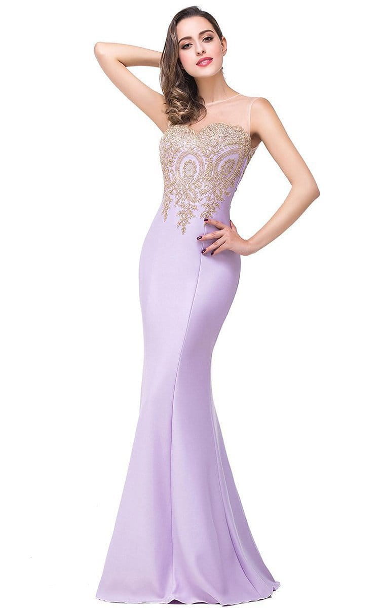 A lavender mermaid-style toast gown featuring a gold beaded bodice with sheer straps, designed with font-style normal text-decoration and general vertical-align middle for elegant wear.