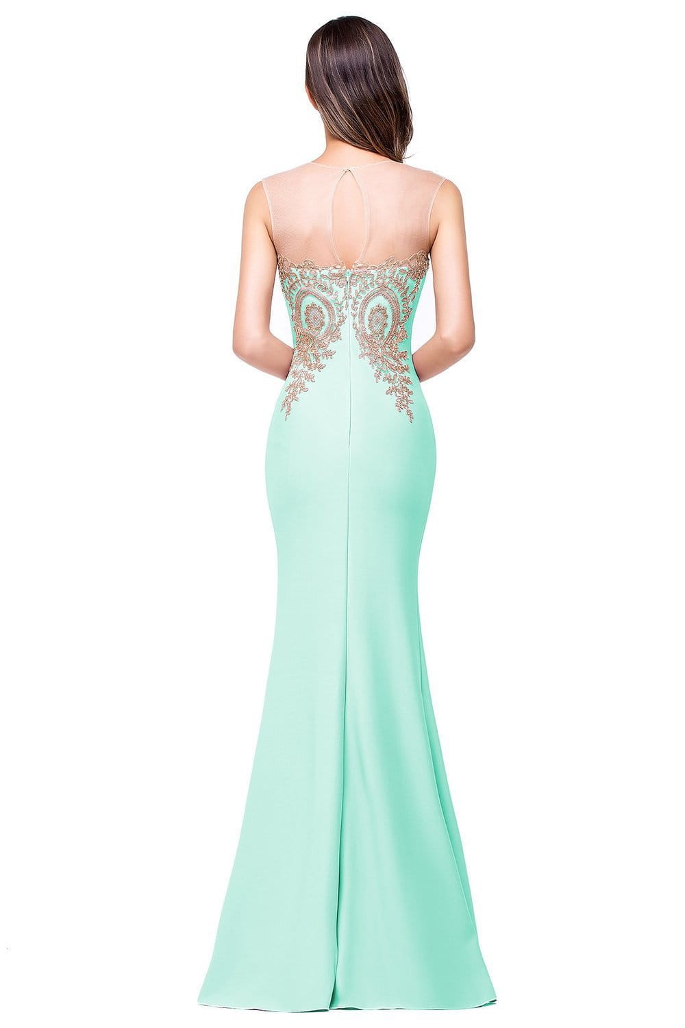 a mint green mermaid-style gown with intricate gold and silver beaded embroidery along the back neckline featured in the red mermaid bride toast gown with gold beading collection with font-style normal text-decoration and general vertical-align middle attributes