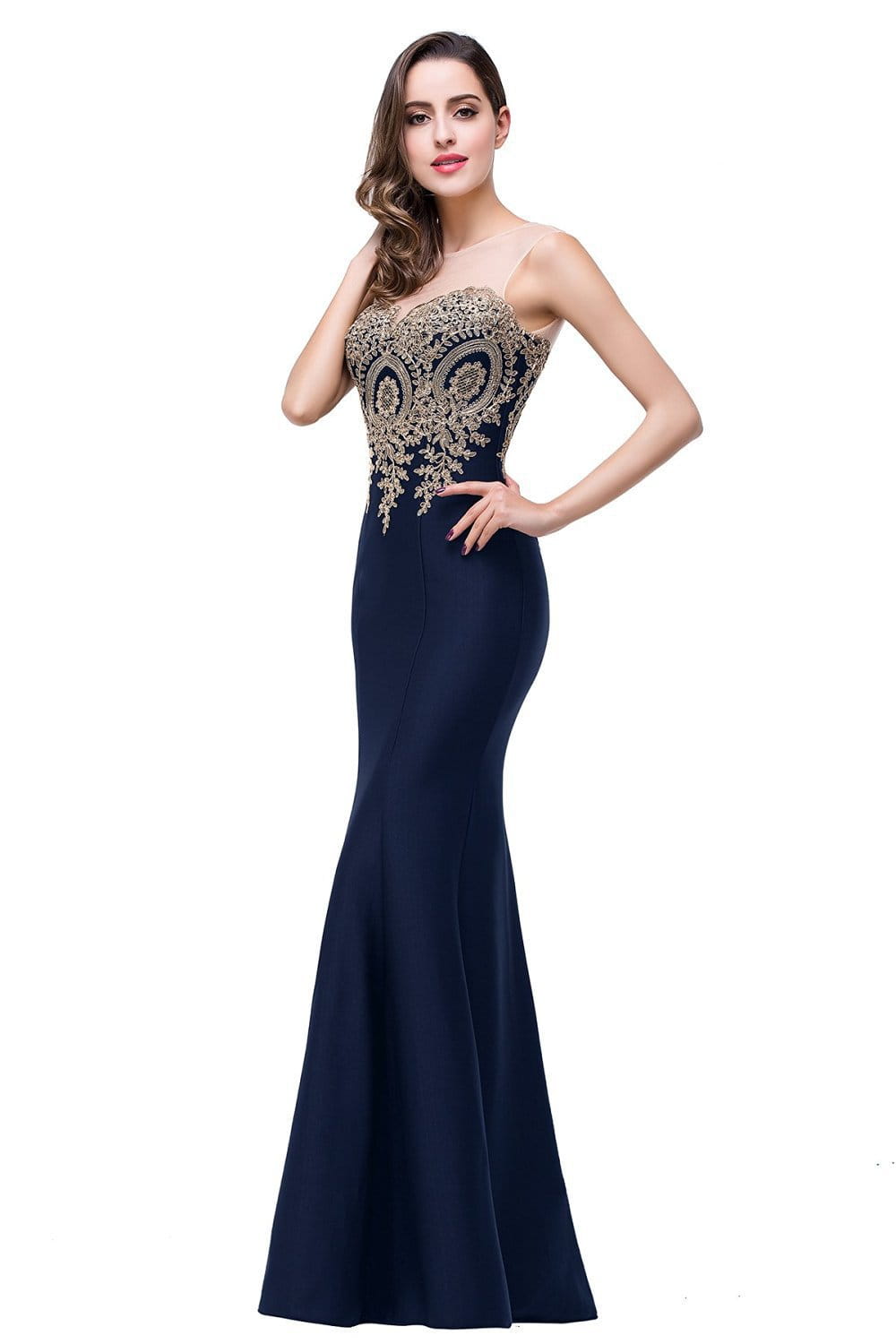 a navy blue mermaid-style evening gown with a strapless beaded bodice featuring intricate gold and silver embroidery suited for formal occasions with font-style normal text-decoration and general vertical-align middle alignment.