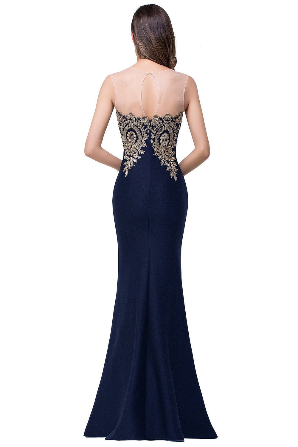 a navy blue mermaid-style bride toast gown with intricate gold lace detailing along the back featuring font-style normal text-decoration and general vertical-align middle alignment