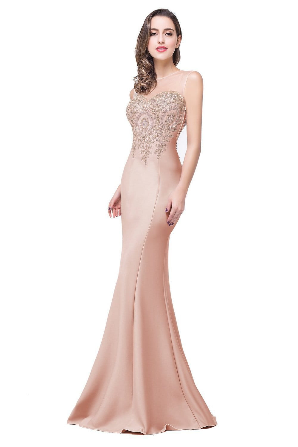 A sleek blush-pink satin red mermaid bride toast gown with intricate gold beading along the bodice, designed for elegant occasions with font-style normal text-decoration and general vertical-align middle.