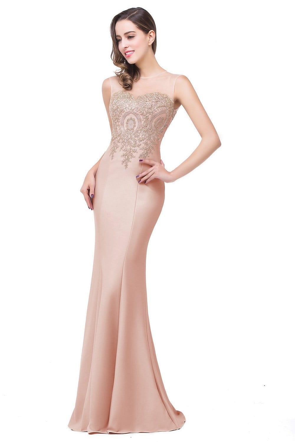 a strapless floor-length red mermaid bride toast gown in a soft blush hue featuring intricate gold lace detailing and gold beading on the bodice with font-style normal text-decoration and general vertical-align middle effects