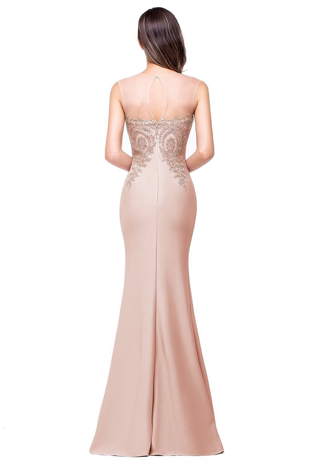 a sleek nude-colored mermaid-style bride toast gown with intricate gold beading along the back and a fitted silhouette featuring font-style normal text-decoration and general vertical-align middle.