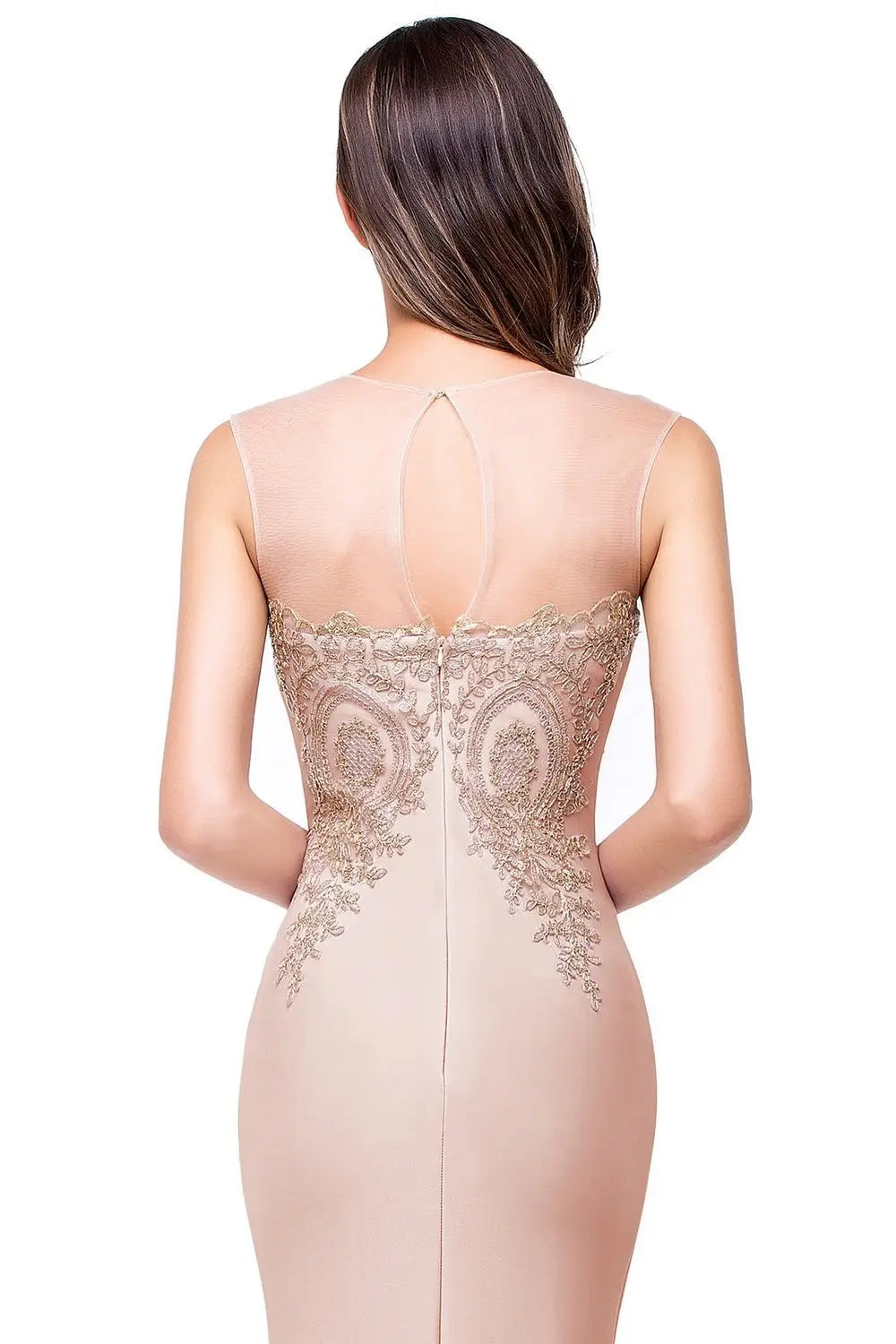 A nude-colored red mermaid bride toast gown with intricate gold lace detailing along the back and a delicate keyhole cutout at the neckline featuring font-style normal text-decoration and general vertical-align middle.
