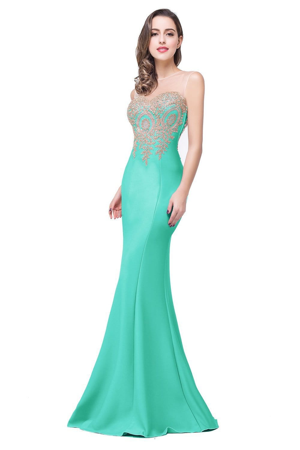 a teal mermaid-style evening gown featuring a sheer gold-embellished bodice and a sleek satin skirt, suitable for bridal toasts with font-style normal text-decoration and general vertical-align middle.