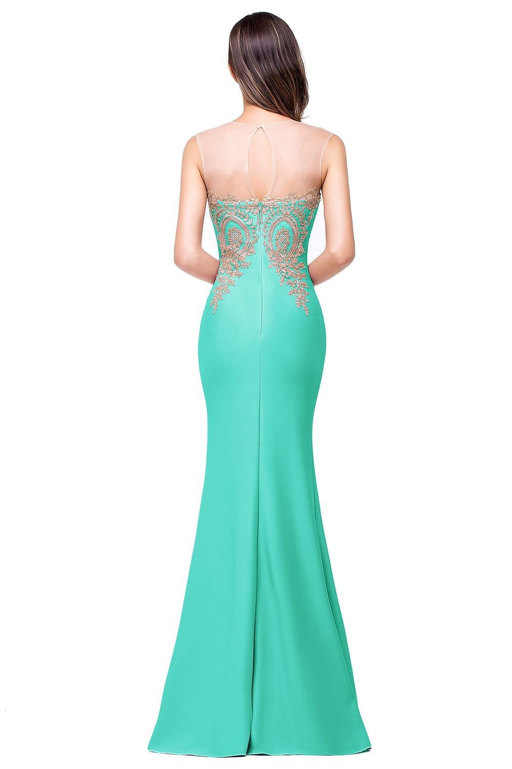 a teal mermaid-style gown with intricate gold embroidery along the back neckline shown from the back, featuring elegant font-style normal text-decoration and general vertical-align middle for a sophisticated bride toast gown look