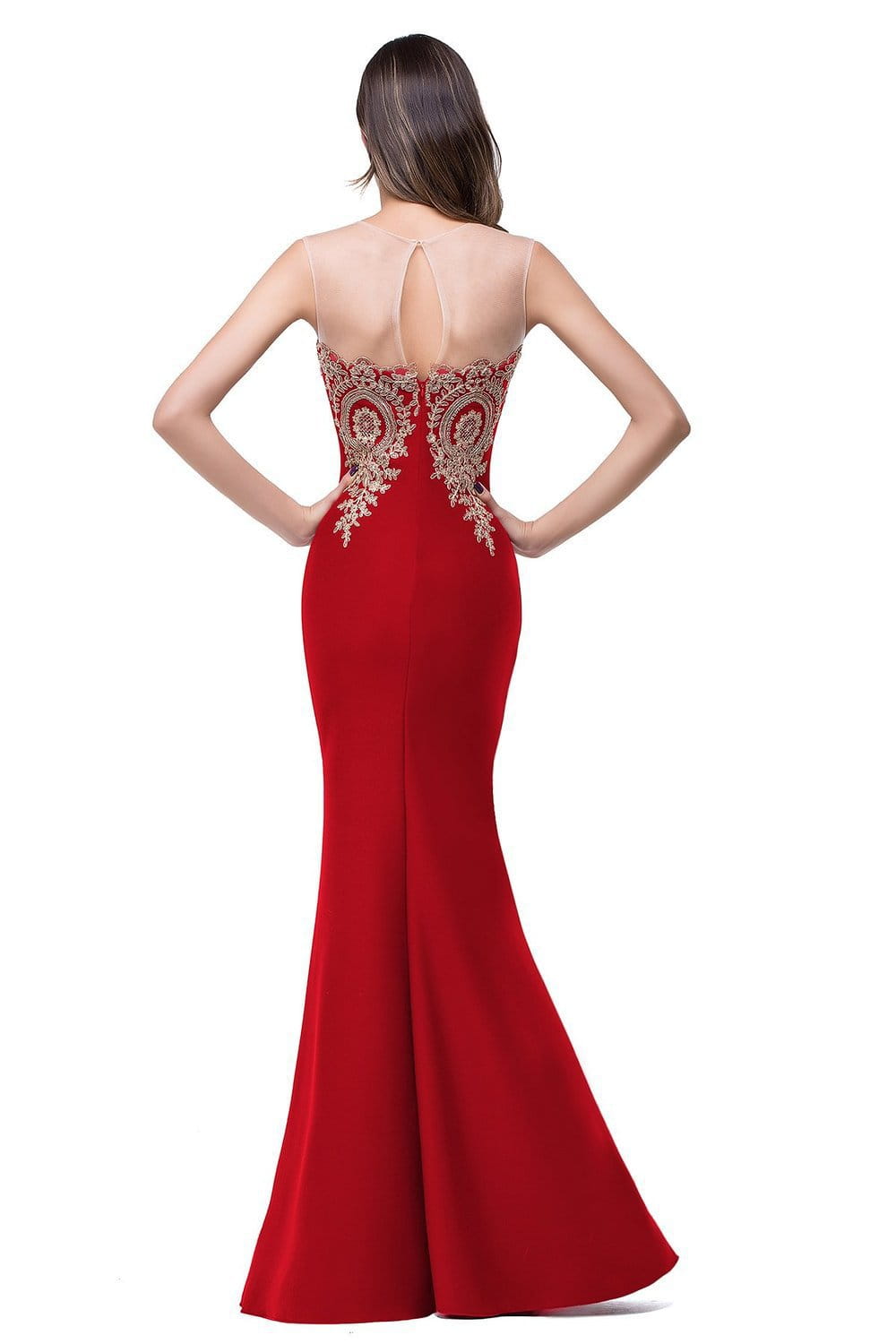 a striking red mermaid bride toast gown with sheer back and intricate gold embroidery along the neckline featuring font-style normal text-decoration and general vertical-align middle details