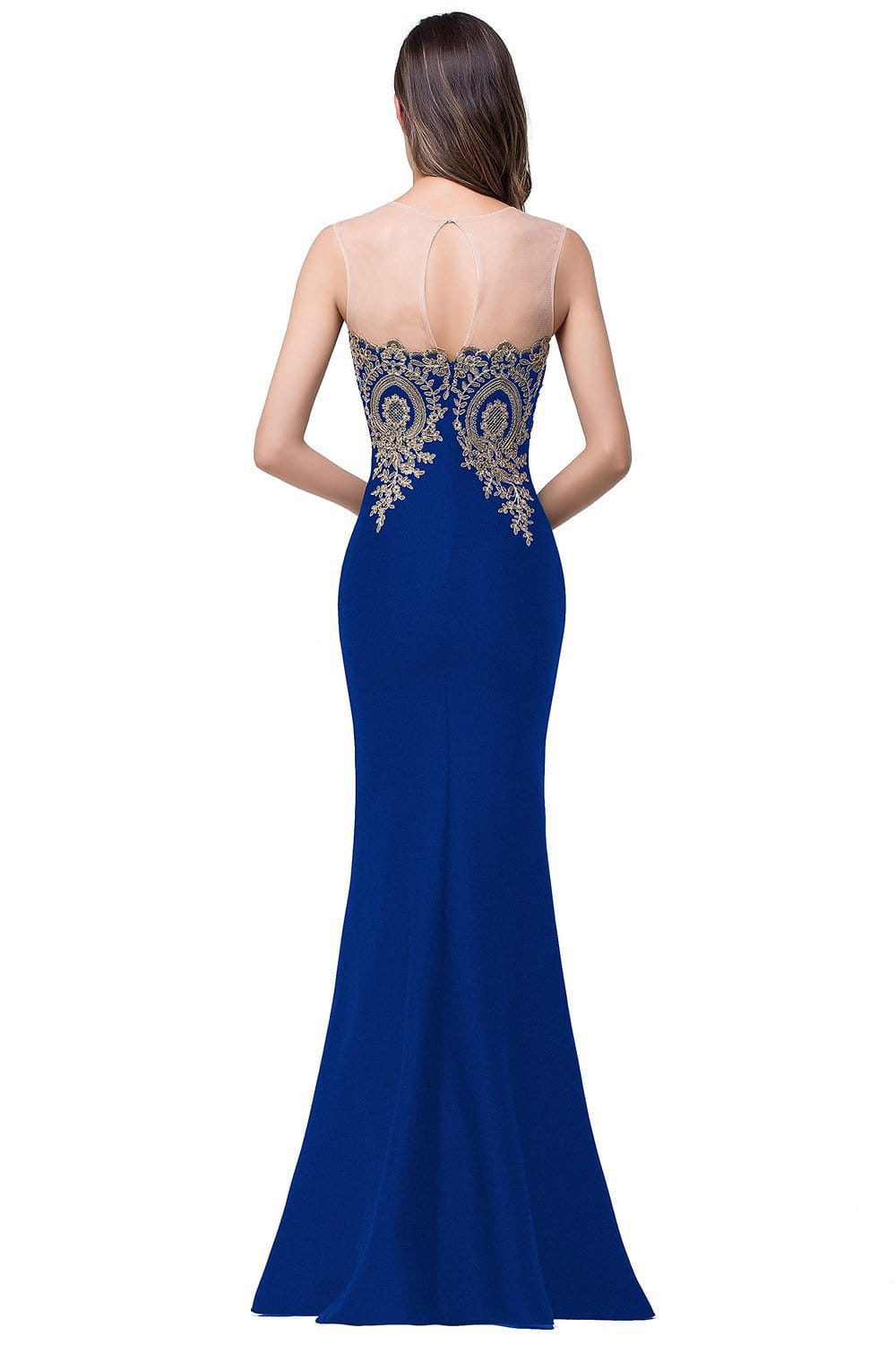 A royal blue mermaid-style evening gown with intricate gold lace detailing along the back in a red mermaid bride toast gown with gold beading design is displayed with a general vertical-align middle style.