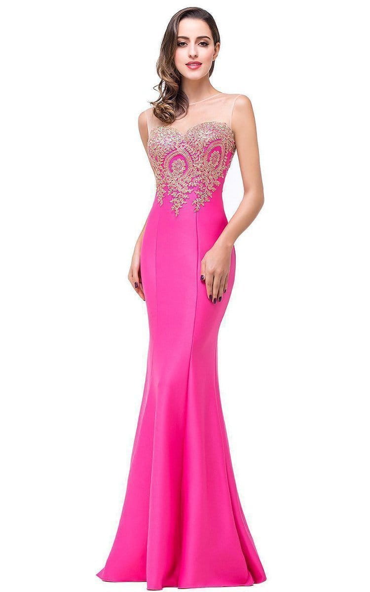 a vibrant fuchsia mermaid-style evening gown with a heart-shaped bodice adorned in intricate gold and pink beading suitable for a red mermaid bride toast gown with gold beading, styled with font-style normal text-decoration and text-align general vertical-align middle.