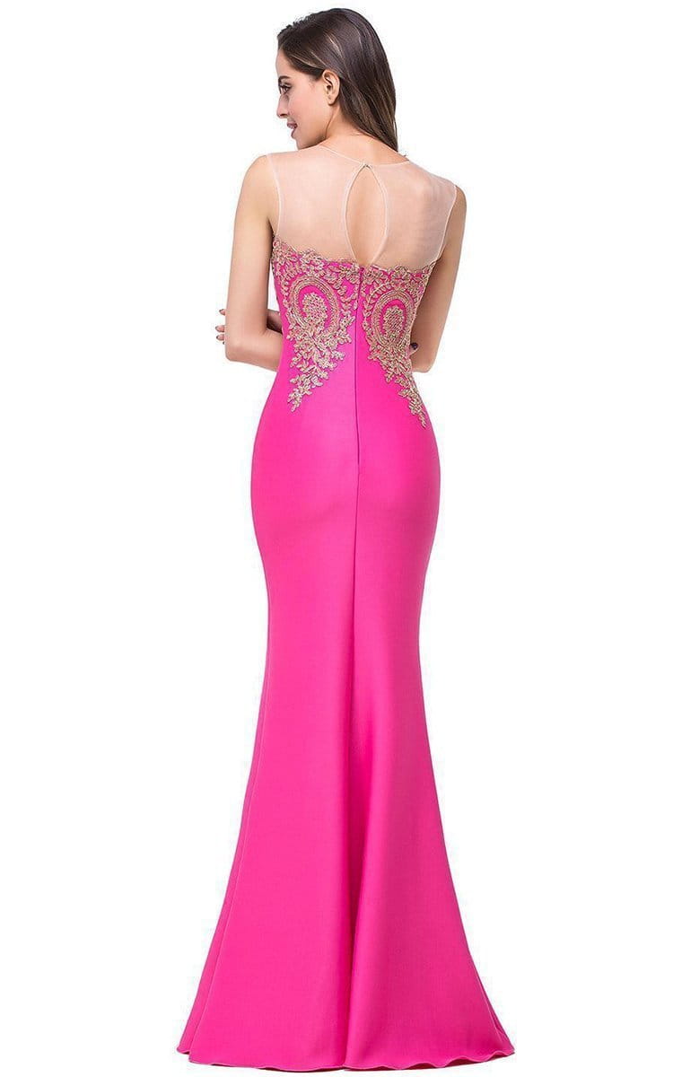 a vibrant fuchsia red mermaid bride toast gown with gold beading along the back neckline and sheer mesh panels shown from the back side with font-style normal text-decoration and general vertical-align middle.