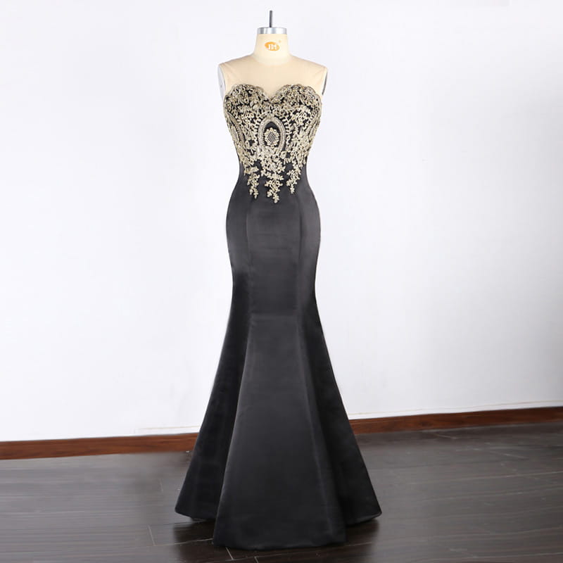 black satin mermaid gown featuring intricate gold lace and beading at the sweetheart neckline designed for a red mermaid bride toast gown with gold beading use-case general vertical-align middle