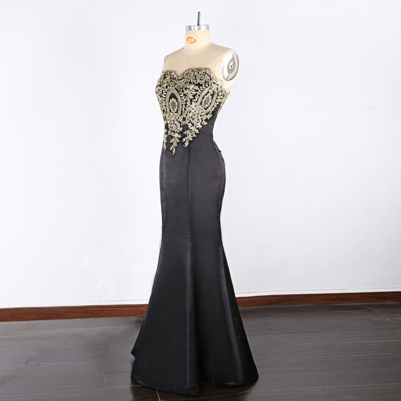 Elegant black satin mermaid gown with intricate gold beaded embroidery across the bust featuring font-style normal text-decoration and general vertical-align middle for a refined occasion.