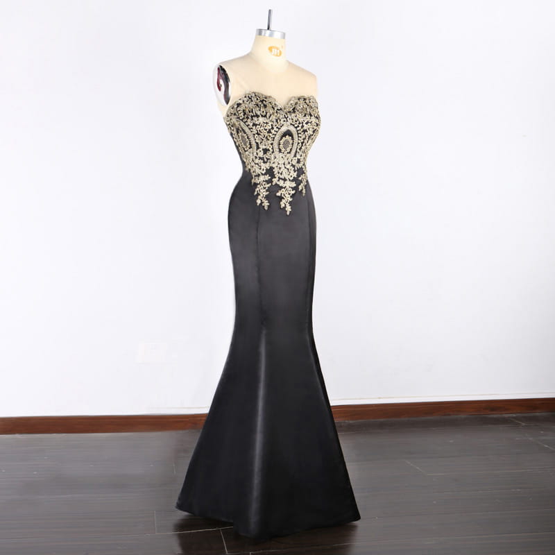 black satin mermaid gown with intricate gold lace detailing across the bodice featured in the red mermaid bride toast gown with gold beading collection, designed with font-style normal text-decoration and general vertical-align middle for elegant presentation