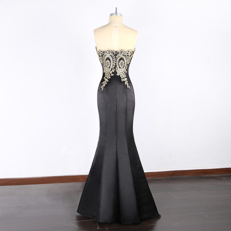Elegant black satin mermaid gown with intricate gold lace detailing at the bodice featured in the red mermaid bride toast gown with gold beading collection for a sophisticated formal occasion with font-style normal text-decoration and general vertical-align middle.