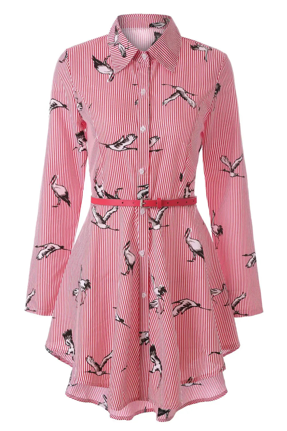 long sleeve striped shirt dress in pink and white with black bird prints featuring a button-up front and matching pink belt for long sleeve women’s wear