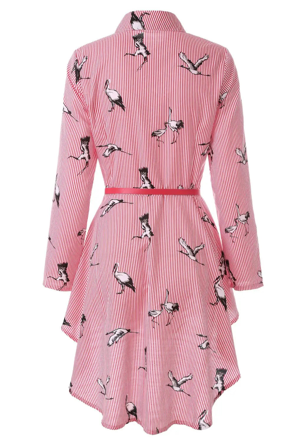 Long sleeve striped shirt dress in pink and white with black stork prints, featuring a collar, long sleeves, and a matching pink belt for women.