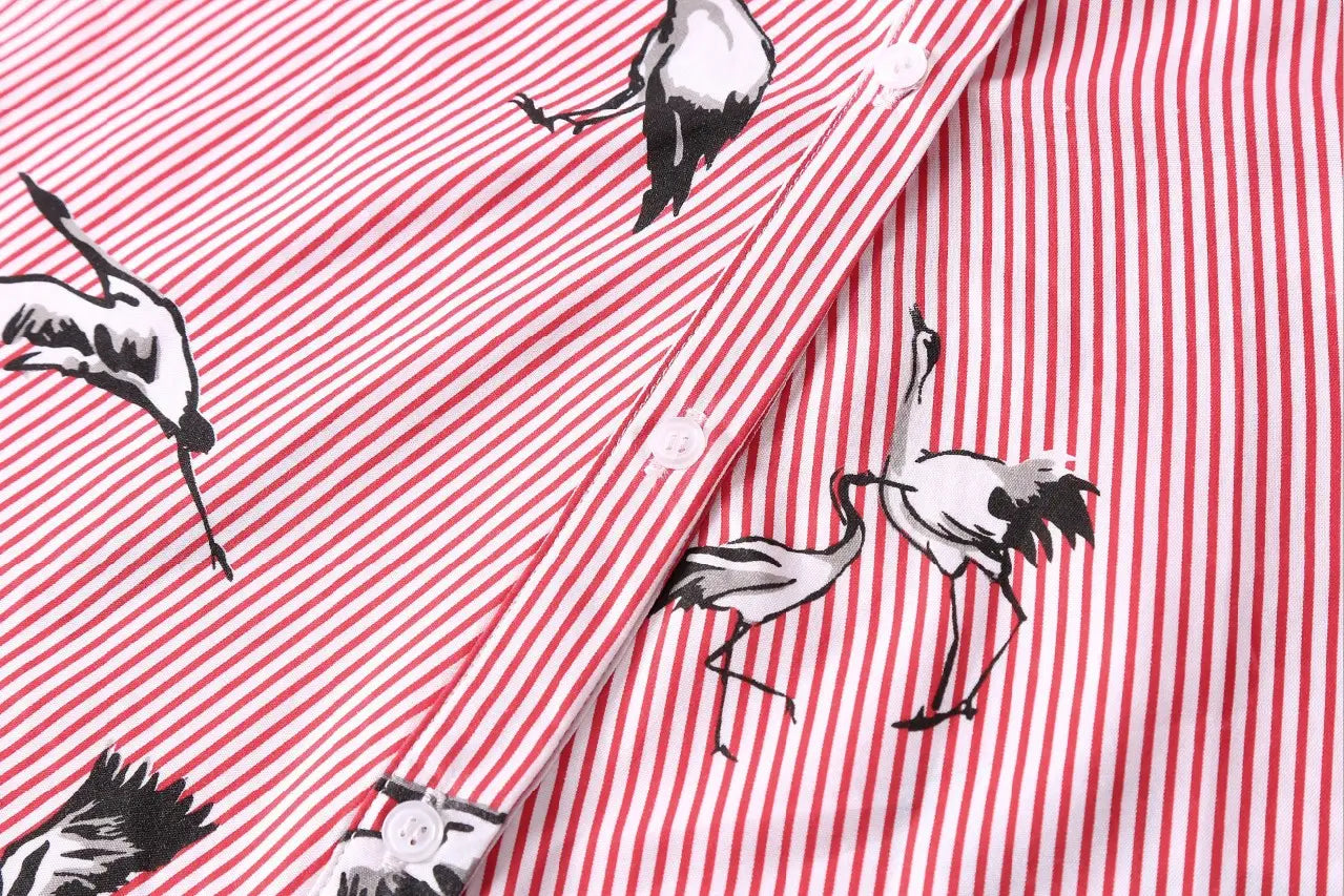 long sleeve striped shirt dress with pink and white stripes and black and white crane illustrations for women