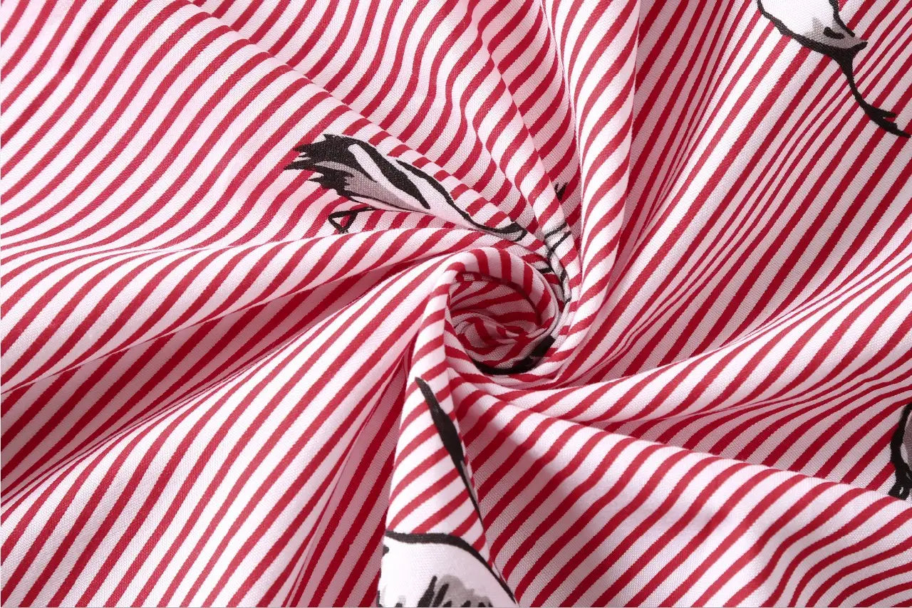 red and white striped long sleeve shirt dress featuring black bird illustrations on fabric